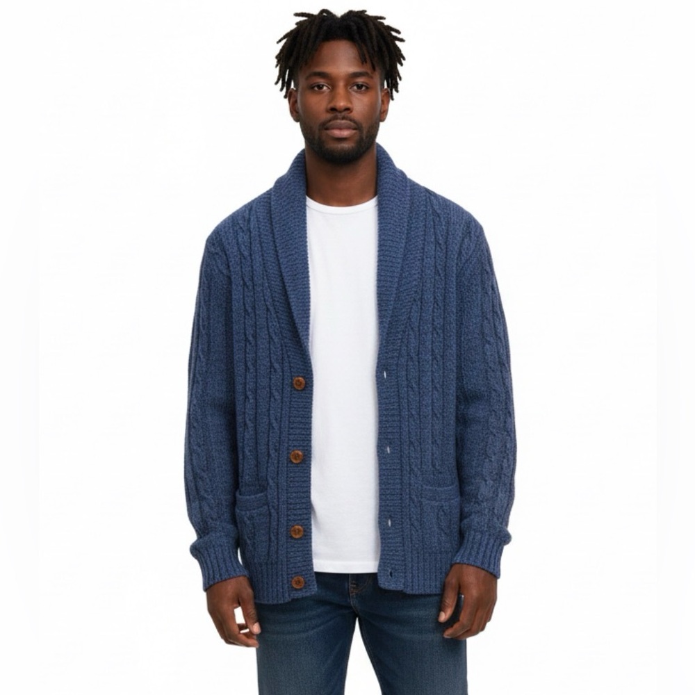 Vintage Eddie Bauer Cardigan Mens Size XL Blue Wool Button Down Shawl Sweater‎